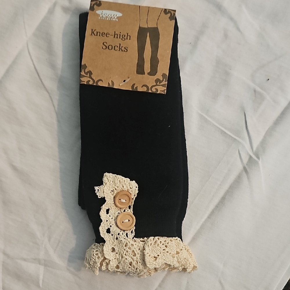 Black Knee-High Socks with Lace Trim